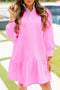 Contrast Striped Collar Patchwork Puff Sleeve Ruffle Hem Mini Dress